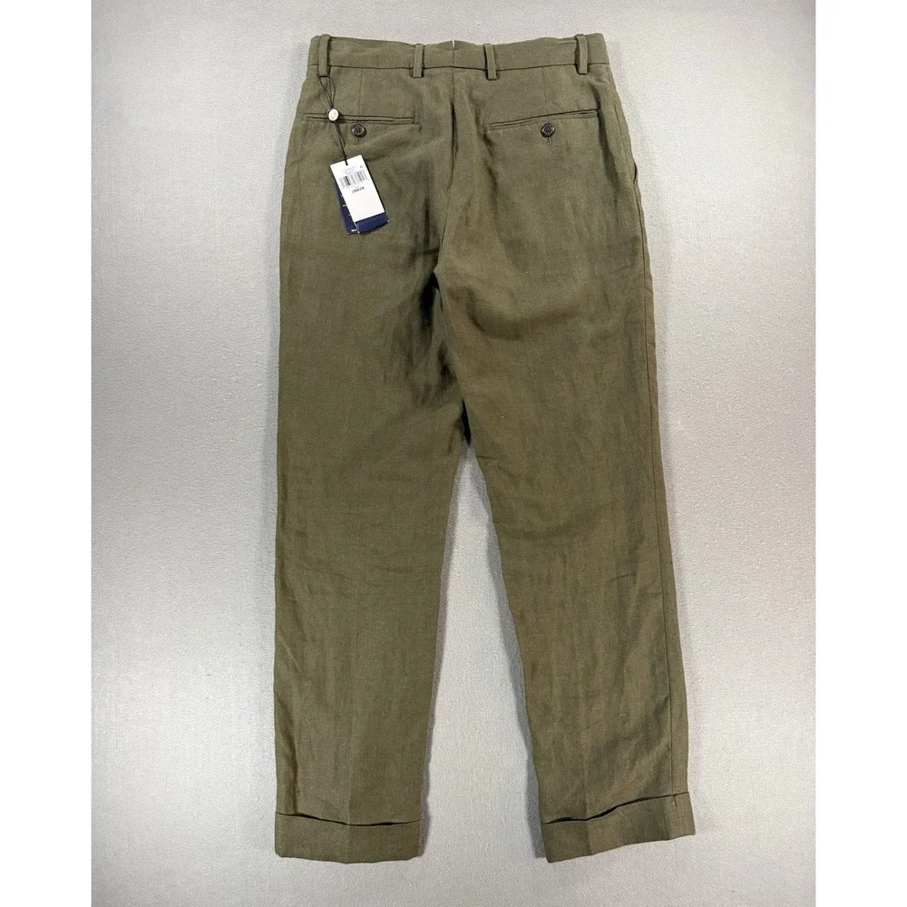 Mens Polo Ralph Lauren 100% Linen Pants In Armidillo Green Size 28x29 Cuffed